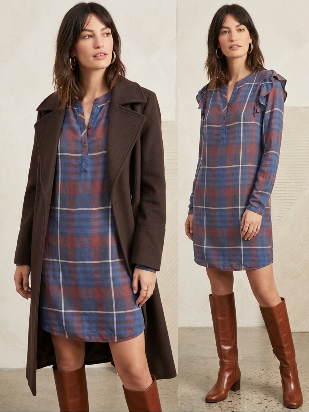 Anthropologie Cloth & Stone Plaid Ruffled Shirtdress Size Small